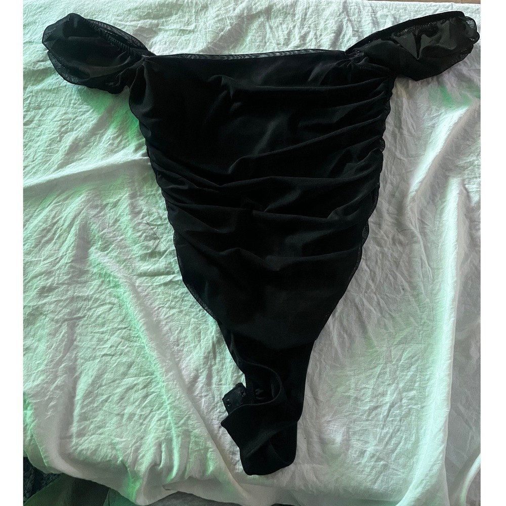 Princess Polly Destin‎ Bodysuit Black Off Shoulder Ruched Mesh Size 4